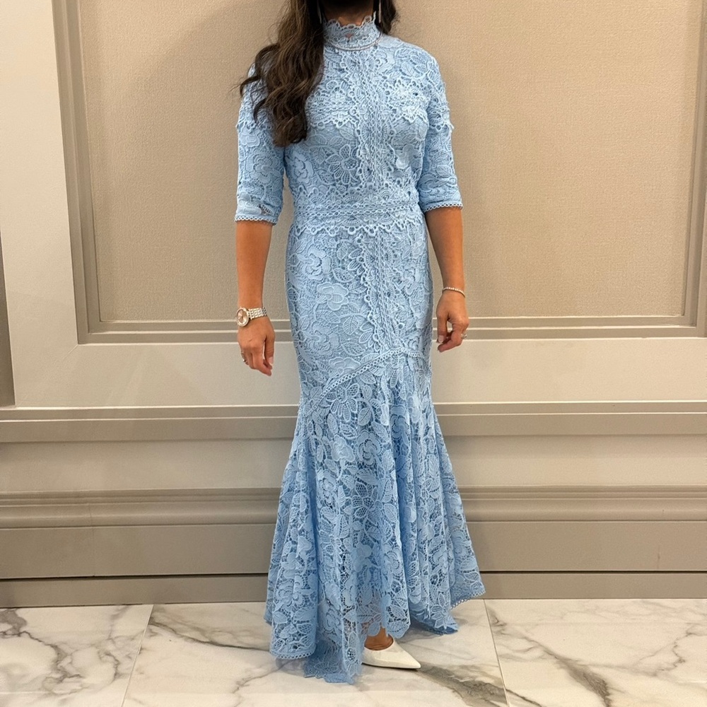High-Neck Light Blue Lace Mermaid Wedding Dress